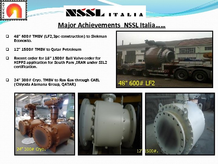 Major Achievements NSSL Italia…… q 48” 600# TMBV (LF 2, 3 pc construction) to