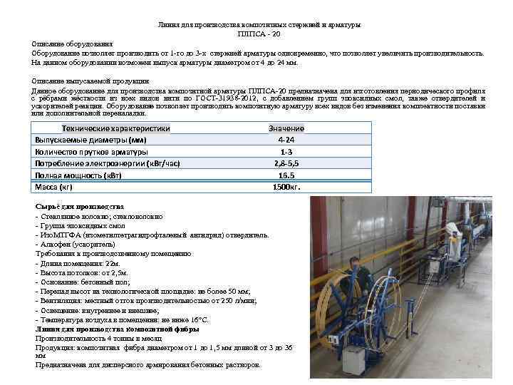 Линия для производства композитных стержней и арматуры ПЛПСА - 20 Описание оборудования Оборудование позволяет