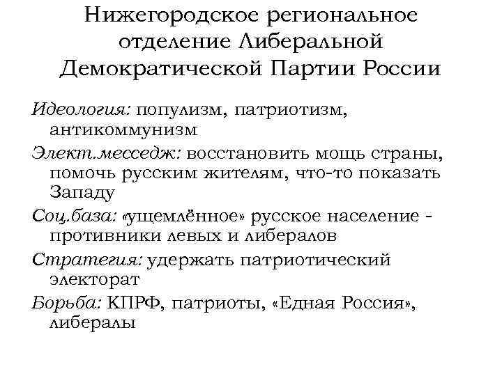 Нижегородское региональное отделение Либеральной Демократической Партии России Идеология: популизм, патриотизм, антикоммунизм Элект. месседж: восстановить