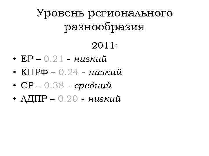 Уровень регионального разнообразия • • 2011: ЕР – 0. 21 - низкий КПРФ –