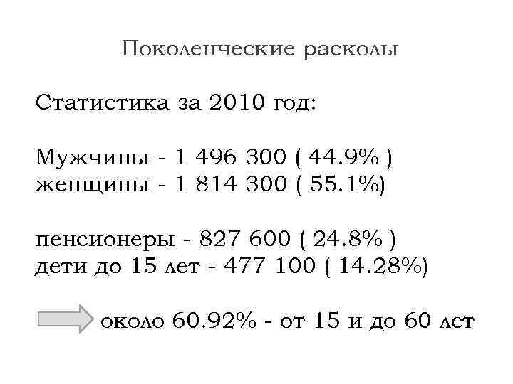 Поколенческие расколы Статистика за 2010 год: Мужчины - 1 496 300 ( 44. 9%