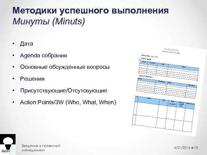 Методики успешного выполнения Минуты (Minuts) • Дата • Agenda собрания • Основные обсужденные вопросы