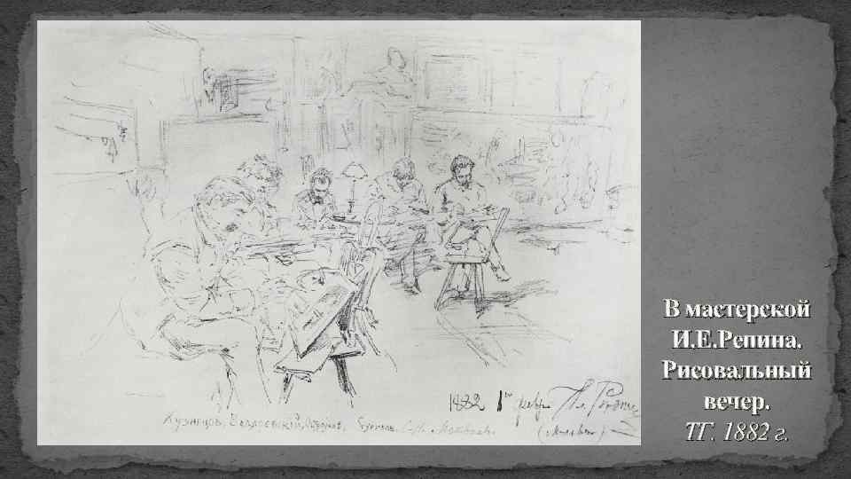 В мастерской И. Е. Репина. Рисовальный вечер. ТГ. 1882 г. 