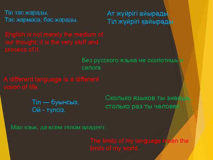 Тіл тас жарады, Тас жармаса, бас жарады. Ат жүйрігі айырады, Тіл жүйрігі қайырады English