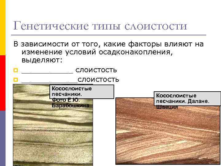 Генетические типы слоистости В зависимости от того, какие факторы влияют на изменение условий осадконакопления,
