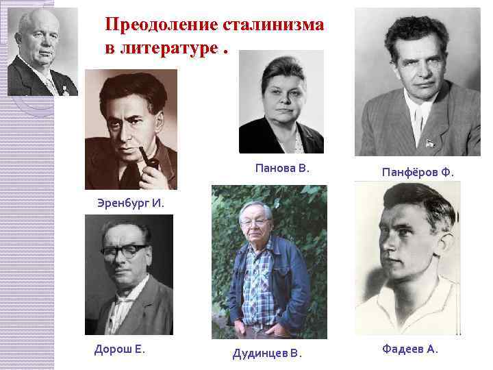 Преодоление сталинизма в литературе. Панова В. Панфёров Ф. Эренбург И. Дорош Е. Дудинцев В.