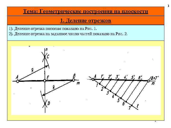 1 Тема: Геометрические построения на плоскости 1. Деление отрезков 1). Деление отрезка пополам показано