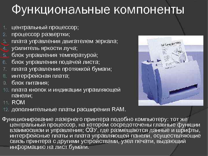 Функциональные компоненты центральный процессор; процессор развертки; плата управления двигателем зеркала; усилитель яркости луча; блок