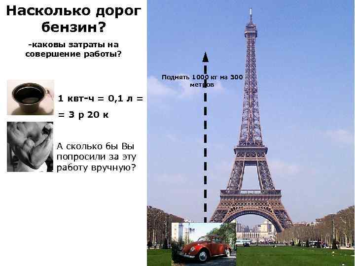 Насколько дорог бензин? -каковы затраты на совершение работы? Поднять 1000 кг на 300 метров