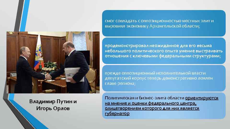 смог совладать с оппозиционностью местных элит и выровнял экономику Архангельской области; продемонстрировал неожиданное для