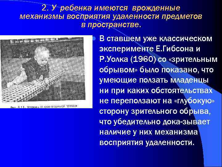 2. У ребенка имеются врожденные механизмы восприятия удаленности предметов в пространстве. l В ставшем