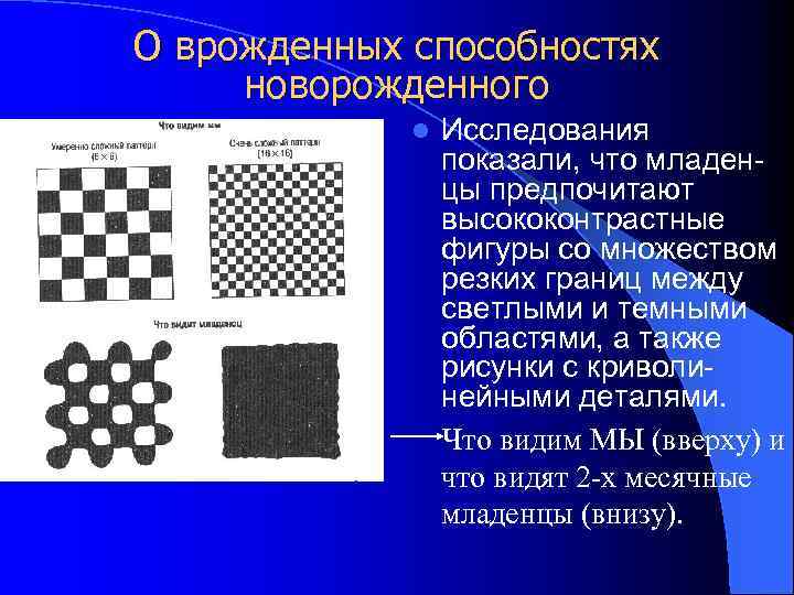О врожденных способностях новорожденного l Исследования показали, что младенцы предпочитают высококонтрастные фигуры со множеством