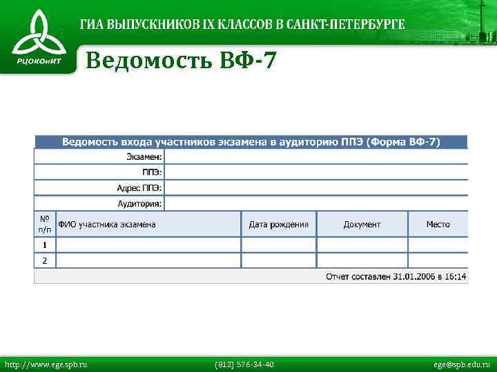 Ведомость ВФ-7 http: //www. ege. spb. ru (812) 576 -34 -40 ege@spb. edu. ru