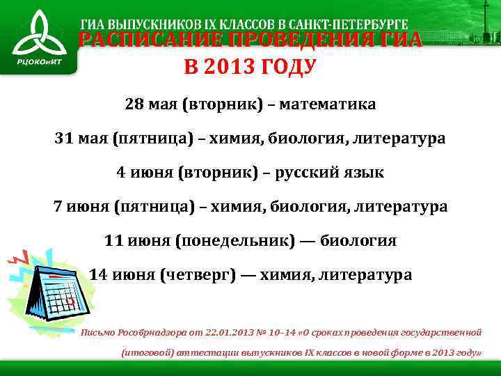 РАСПИСАНИЕ ПРОВЕДЕНИЯ ГИА В 2013 ГОДУ 28 мая (вторник) – математика 31 мая (пятница)