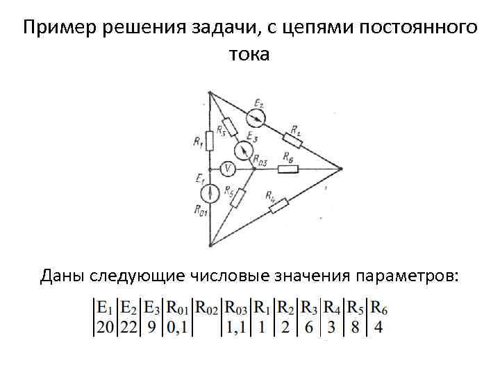 Пример решения задачи, с цепями постоянного тока Даны следующие числовые значения параметров: 