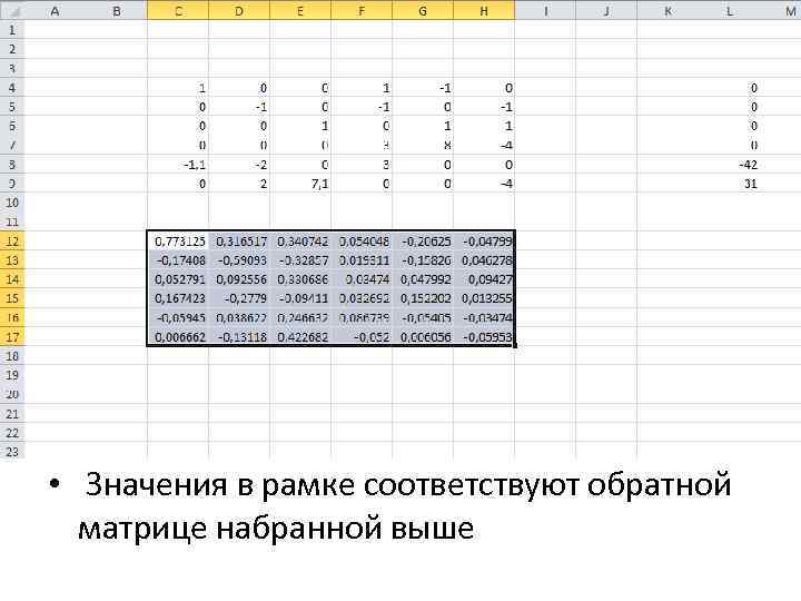  • Значения в рамке соответствуют обратной матрице набранной выше 