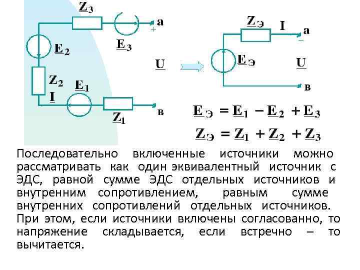 Параллельно источники. Метод эквивалентного источника ЭДС. Эквивалентная схема источника тока. ЭДС двух источников Соединенных последовательно. Эквивалентная схема реального источника.