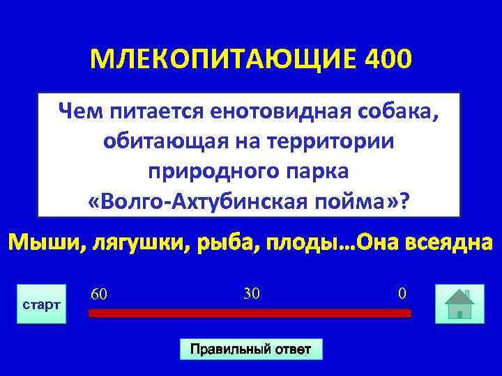 МЛЕКОПИТАЮЩИЕ 400 Чем питается енотовидная собака, обитающая на территории природного парка «Волго-Ахтубинская пойма» ?