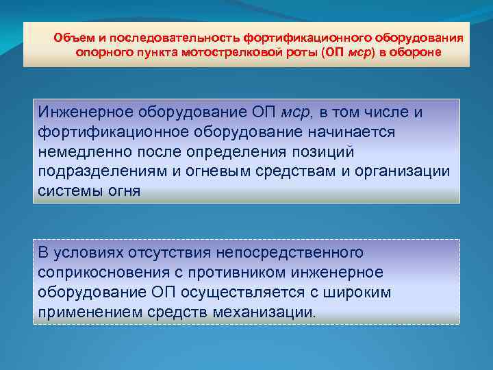 Объем и последовательность фортификационного оборудования опорного пункта мотострелковой роты (ОП мср) в обороне Инженерное