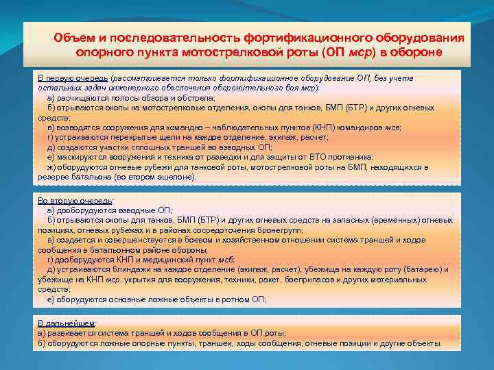Объем и последовательность фортификационного оборудования опорного пункта мотострелковой роты (ОП мср) в обороне В