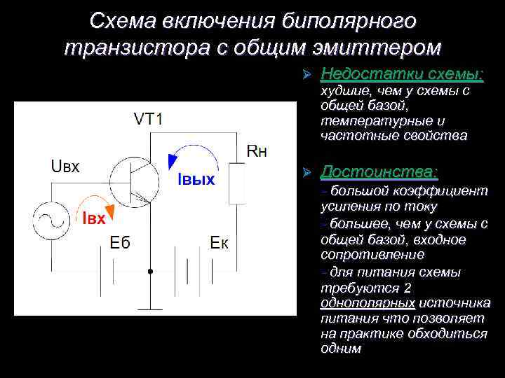 Схема включения биполярного транзистора с общим эмиттером Ø Недостатки схемы: Ø Достоинства: - большой