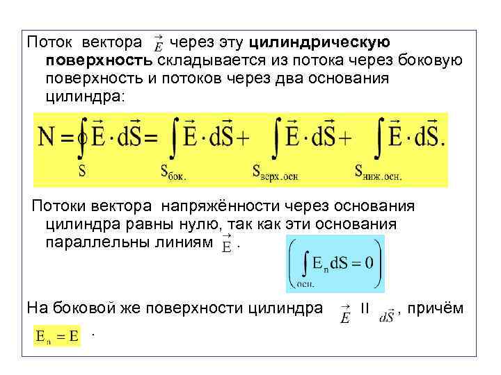 Поток вектора через эту цилиндрическую поверхность складывается из потока через боковую поверхность и потоков