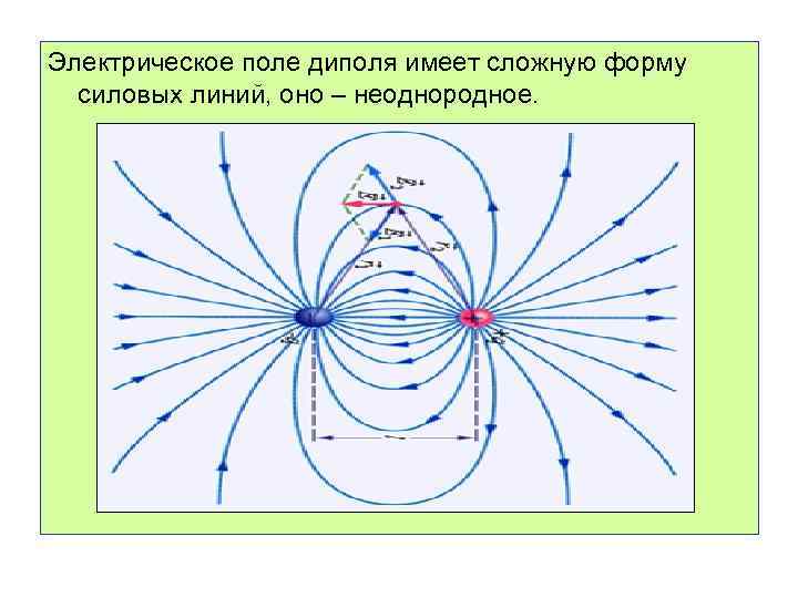 Электрическое поле диполя имеет сложную форму силовых линий, оно – неоднородное. 