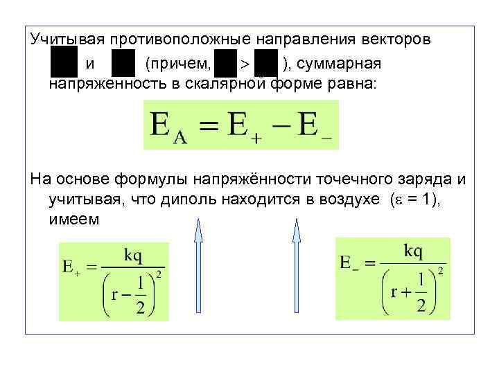 Учитывая противоположные направления векторов и (причем, ), суммарная напряженность в скалярной форме равна: На