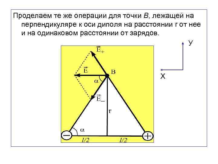 Проделаем те же операции для точки В, лежащей на перпендикуляре к оси диполя на