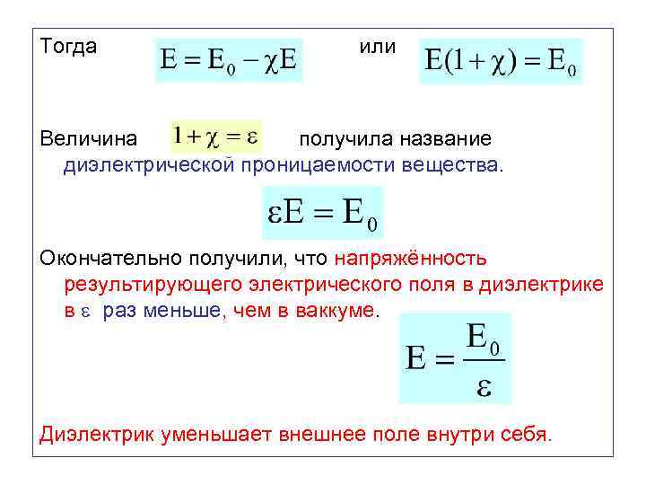 Тогда или Величина получила название диэлектрической проницаемости вещества. Окончательно получили, что напряжённость результирующего электрического