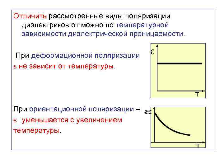 Отличить рассмотренные виды поляризации диэлектриков от можно по температурной зависимости диэлектрической проницаемости. При деформационной