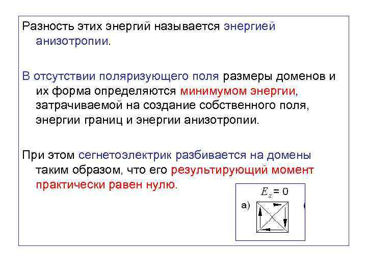 Разность этих энергий называется энергией анизотропии. В отсутствии поляризующего поля размеры доменов и их