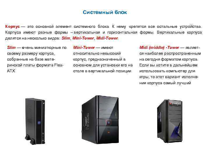 Системный блок Корпус — это основной элемент системного блока. К нему крепятся все остальные