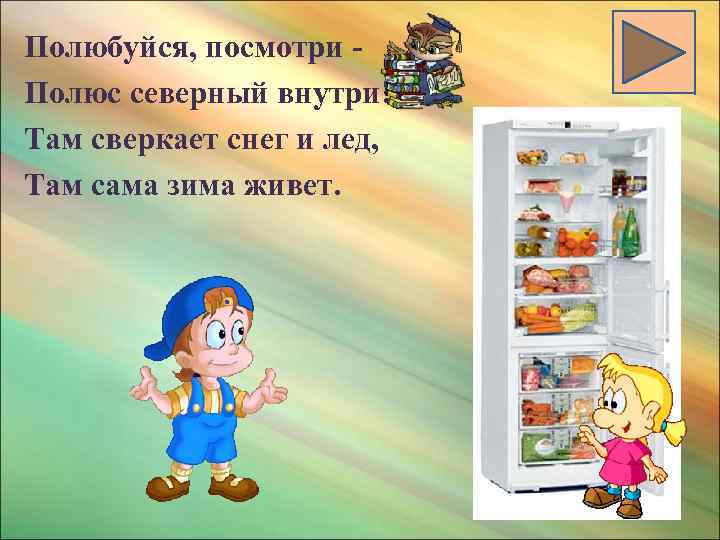 Полюбуйся, посмотри Полюс северный внутри! Там сверкает снег и лед, Там сама зима живет.