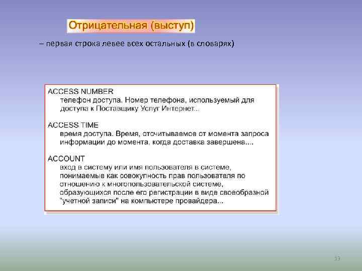 – первая строка левее всех остальных (в словарях) 13 