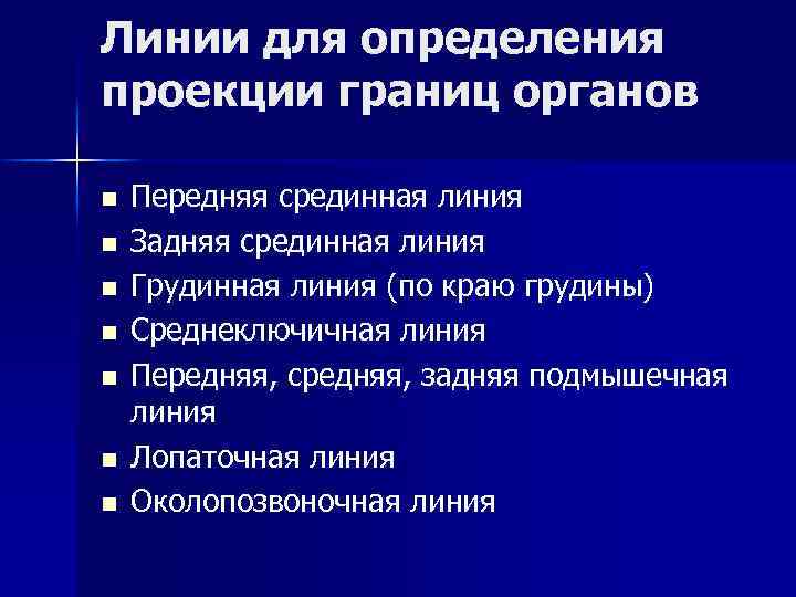 Линии для определения проекции границ органов n n n n Передняя срединная линия Задняя