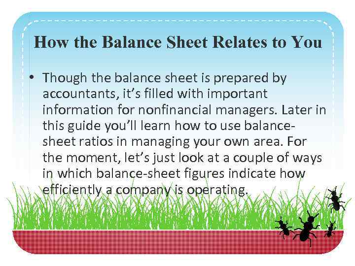 How the Balance Sheet Relates to You • Though the balance sheet is prepared