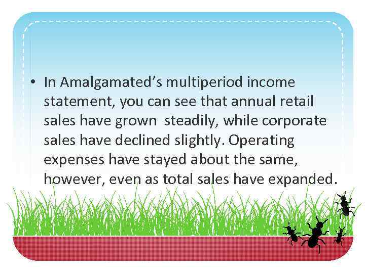  • In Amalgamated’s multiperiod income statement, you can see that annual retail sales