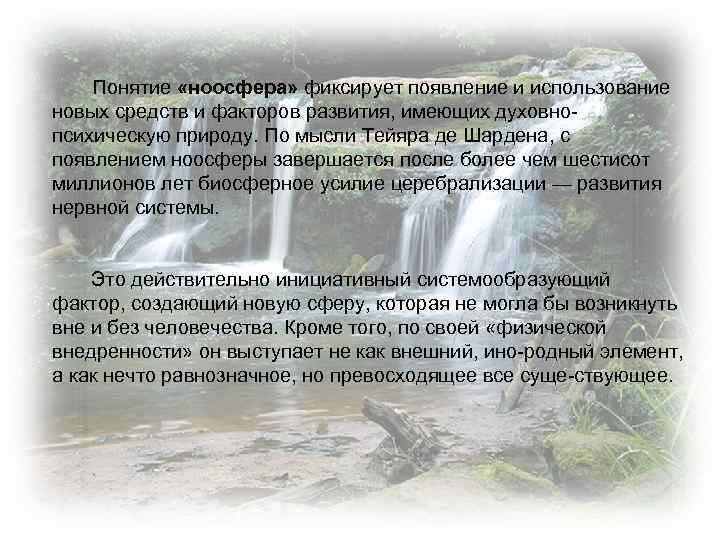 Понятие «ноосфера» фиксирует появление и использование новых средств и факторов развития, имеющих духовно психическую