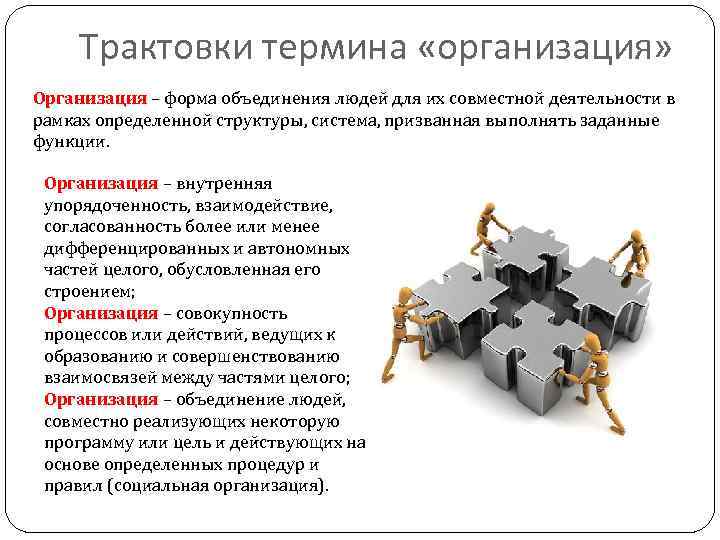 Трактовки термина «организация» Организация – форма объединения людей для их совместной деятельности в рамках