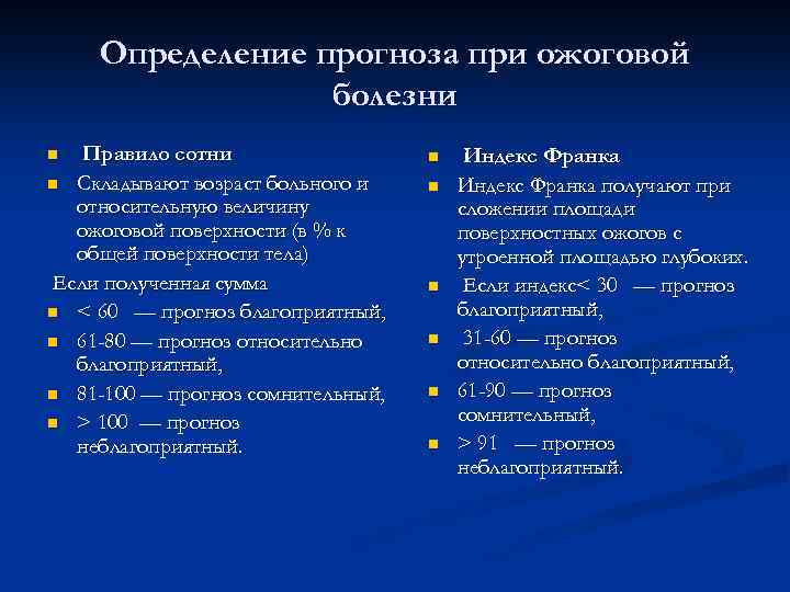 Определение прогноза при ожоговой болезни Правило сотни n Складывают возраст больного и относительную величину
