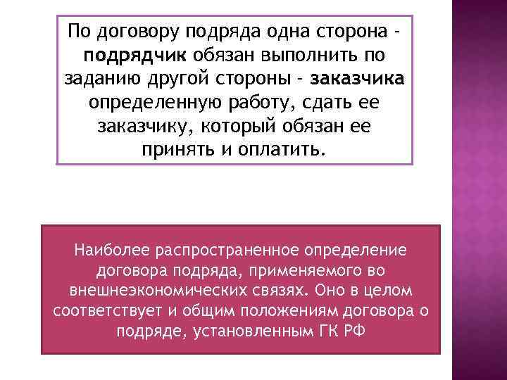 По договору подряда одна сторона подрядчик обязан выполнить по заданию другой стороны - заказчика