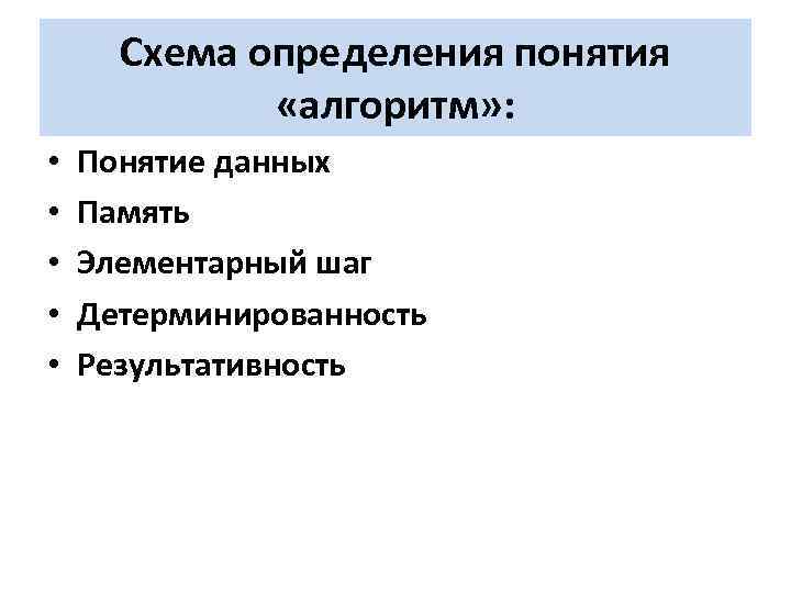 Схема определения понятия «алгоритм» : • • • Понятие данных Память Элементарный шаг Детерминированность