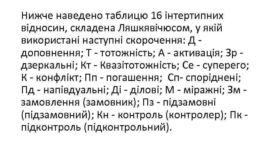 Нижче наведено таблицю 16 інтертипних відносин, складена Ляшкявічюсом, у якій використані наступні скорочення: Д