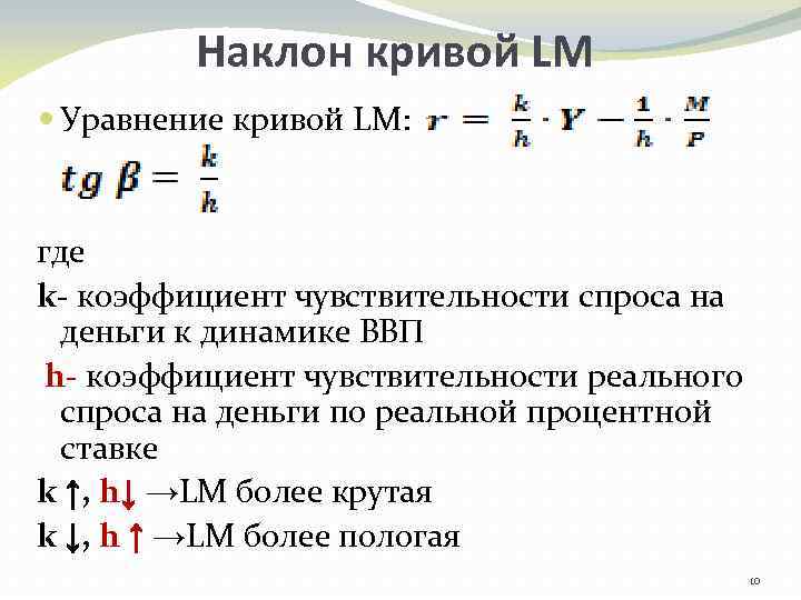 Наклон кривой LM Уравнение кривой LM: где k- коэффициент чувствительности спроса на деньги к