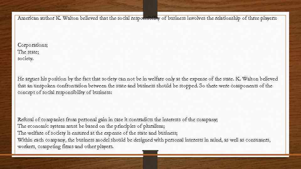 American author K. Walton believed that the social responsibility of business involves the relationship