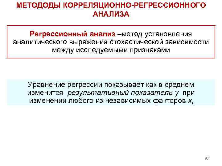 МЕТОДОДЫ КОРРЕЛЯЦИОННО-РЕГРЕССИОННОГО АНАЛИЗА Регрессионный анализ –метод установления аналитического выражения стохастической зависимости между исследуемыми признаками