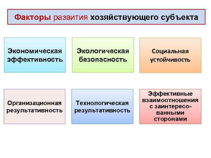 Факторы развития хозяйствующего субъекта Экономическая эффективность Организационная результативность Экологическая безопасность Социальная устойчивость Технологическая результативность