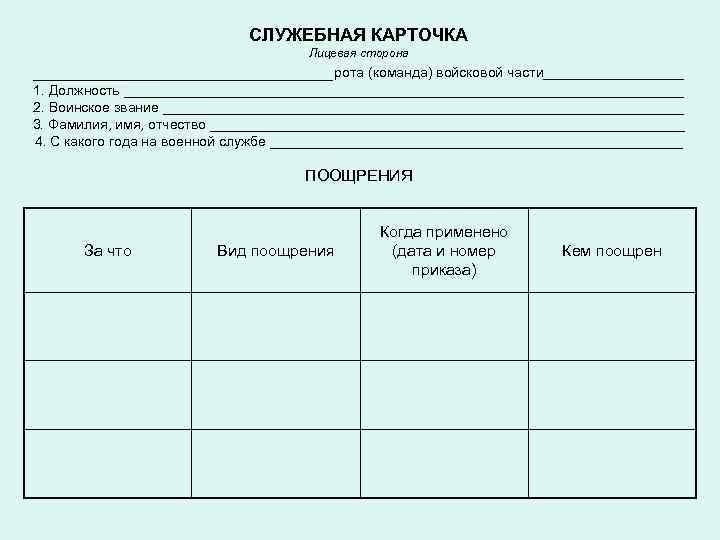 СЛУЖЕБНАЯ КАРТОЧКА Лицевая сторона _______________рота (команда) войсковой части_________ 1. Должность ____________________________________ 2. Воинское звание