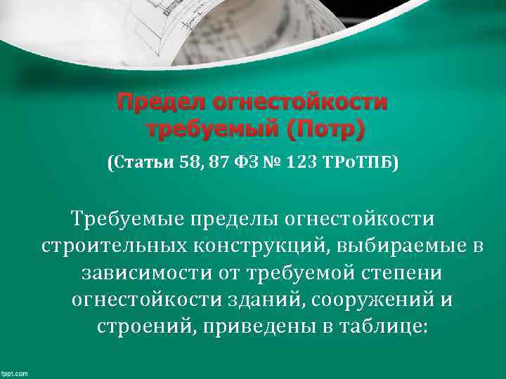 Предел огнестойкости требуемый (Потр) (Статьи 58, 87 ФЗ № 123 ТРо. ТПБ) Требуемые пределы